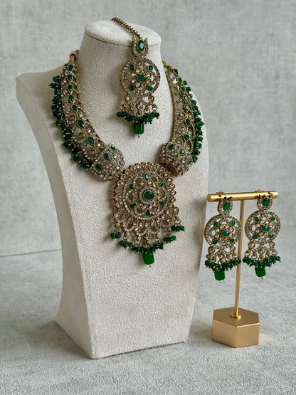 Ayura Designs Aleeza Set with Jhumkis & Tikka – Antique Finish with Champagne Polki Stones, Emerald Detailing & Beaded Drops