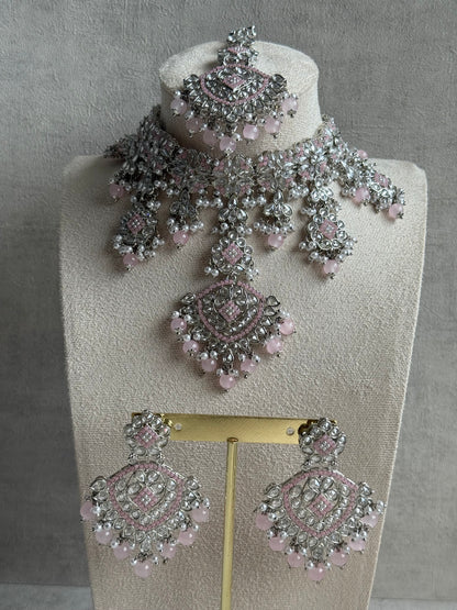 Ayura Designs Kanika Set – Necklace, Earrings & Tikka with Blush Pink Beads, Mirror-Cut Stones & Silver Finish