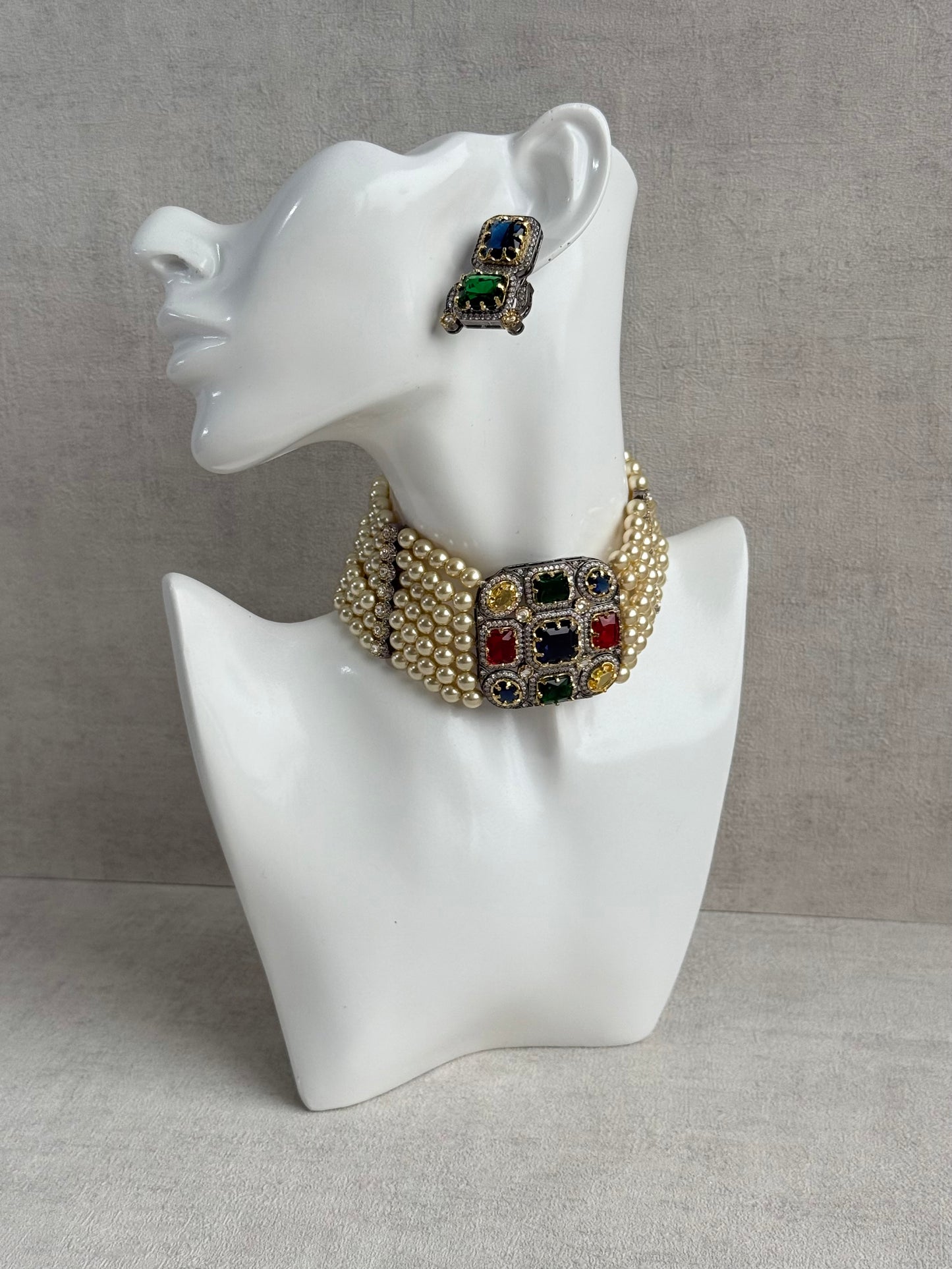 Ayura Designs Amelia Choker Set with Earrings – Moissanite Stonework with Layered Pearls in Antique Silver Finish (Deep Jewel Tones)