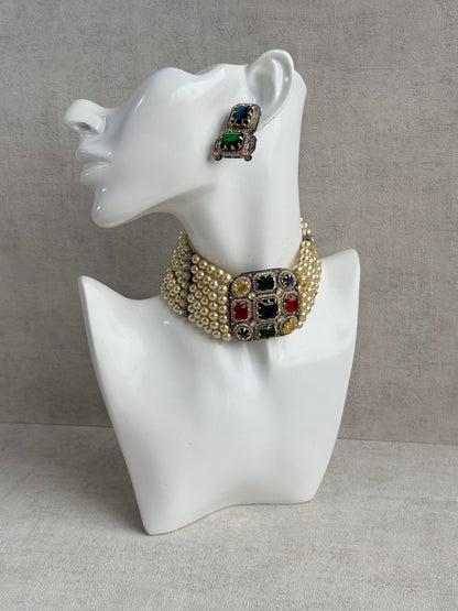 Ayura Designs Amelia Choker Set with Earrings – Moissanite Stonework with Layered Pearls in Antique Silver Finish (Deep Jewel Tones)