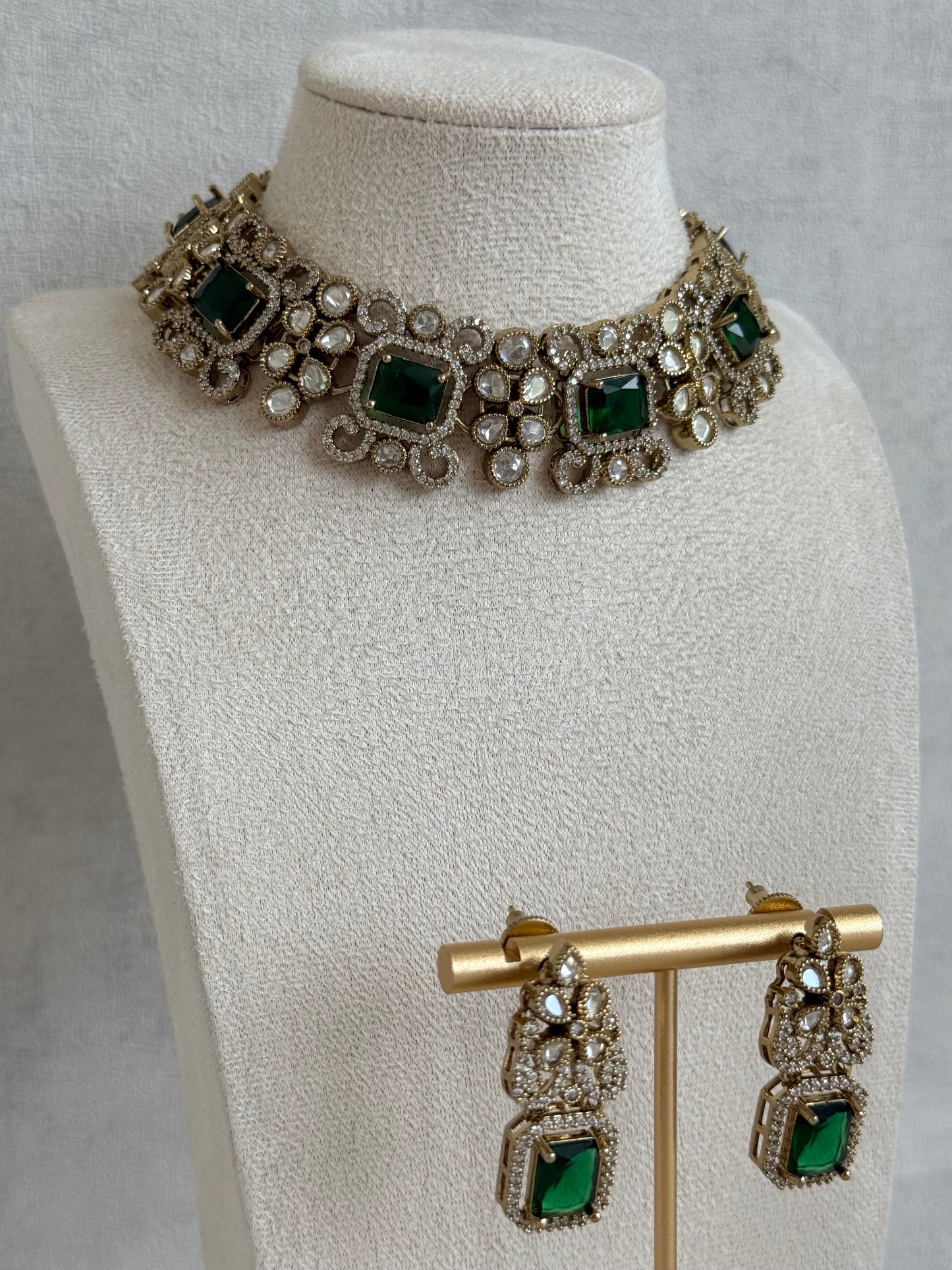 Ayura Designs Celine Set with Earrings – Moissanite Emerald Green Statement Set