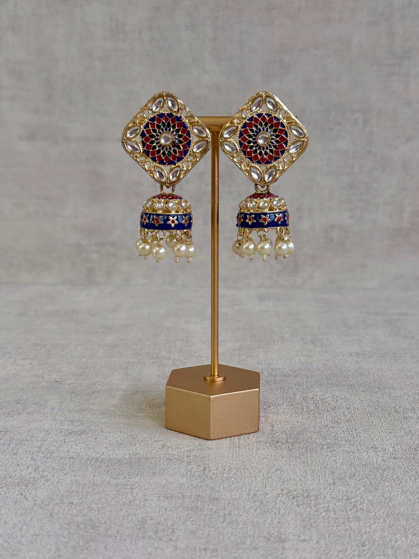 Ayura Designs Rangoli Jhumkis – Midnight Blue & Ruby Red Meenakari with Pearl Drops in Antique Gold Finish