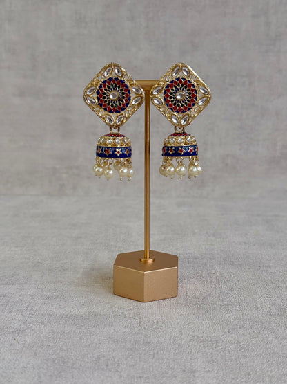 Ayura Designs Rangoli Jhumkis – Midnight Blue & Ruby Red Meenakari with Pearl Drops in Antique Gold Finish