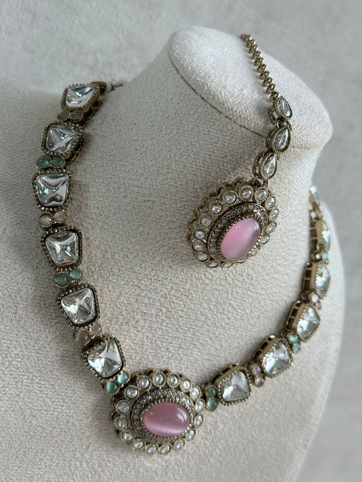 Ayura Designs Inza Necklace Set – Blush Pink & Mint Green Stones, Kundan & Crystals with Antique Gold Finish