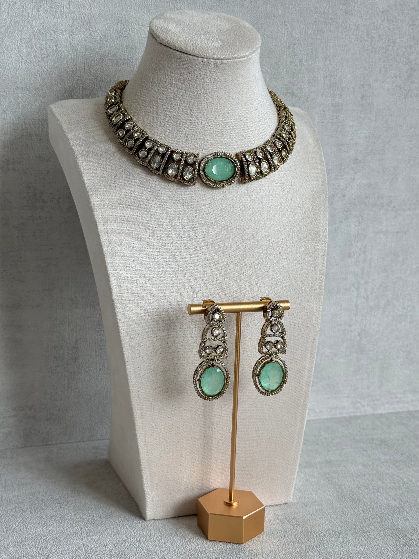 Ayura Designs Sadie Necklace Set with Earrings – Mint Green Centre Stone, Moissanite Style Stones & Crystal Halo Detailing