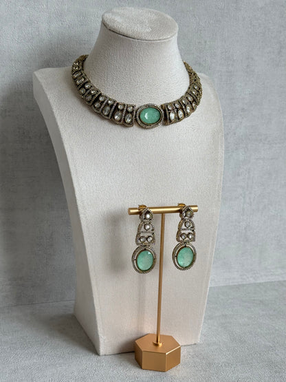 Ayura Designs Sadie Necklace Set with Earrings – Mint Green Centre Stone, Moissanite Style Stones & Crystal Halo Detailing