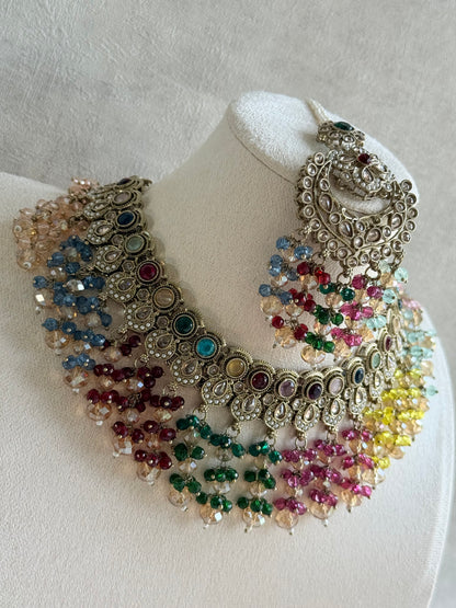 Ayura Designs Dilnaz Necklace Set with Earrings, Tikka & Passa – Multicolour Crystal Beads & Antique Gold Finish