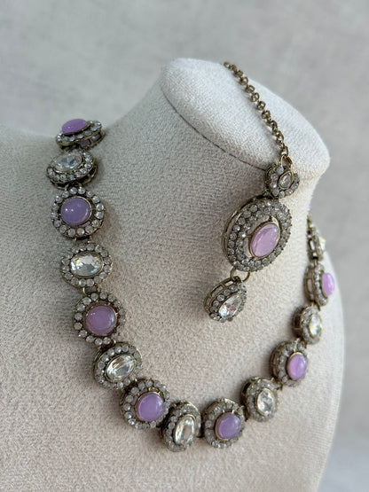 Ayura Designs Eira Necklace Set with Earrings & Tikka – Lilac & Crystal Stones with Antique Gold Finish