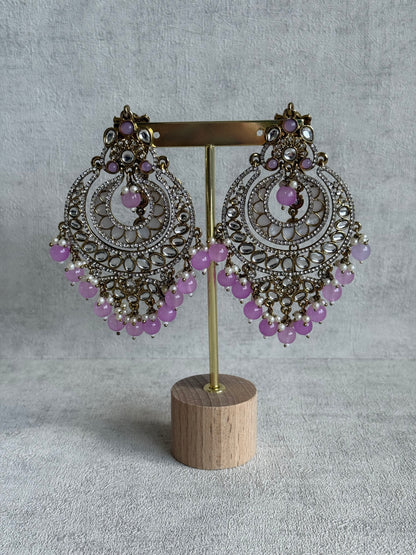 Ayura Designs Rabia Chandbalis – Antique Gold Kundan Earrings with Lilac Beads, Pearls & Attached Sahare