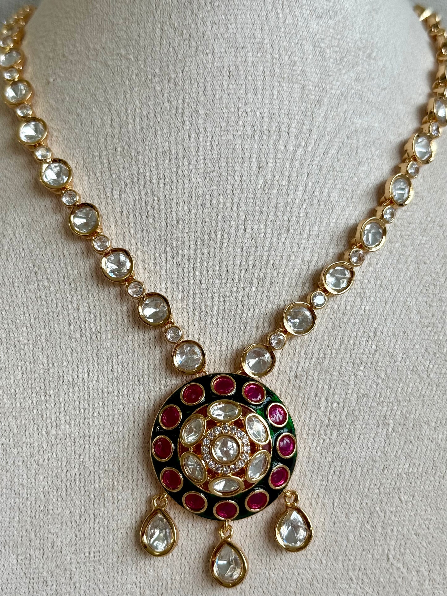 Ayura Designs Jiya Set with Earrings – Round Motif, Pink & Green Meenakari with Crystal Detailing