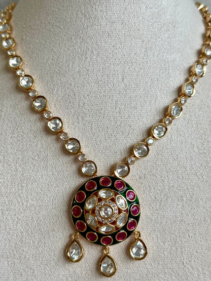 Ayura Designs Jiya Set with Earrings – Round Motif, Pink & Green Meenakari with Crystal Detailing