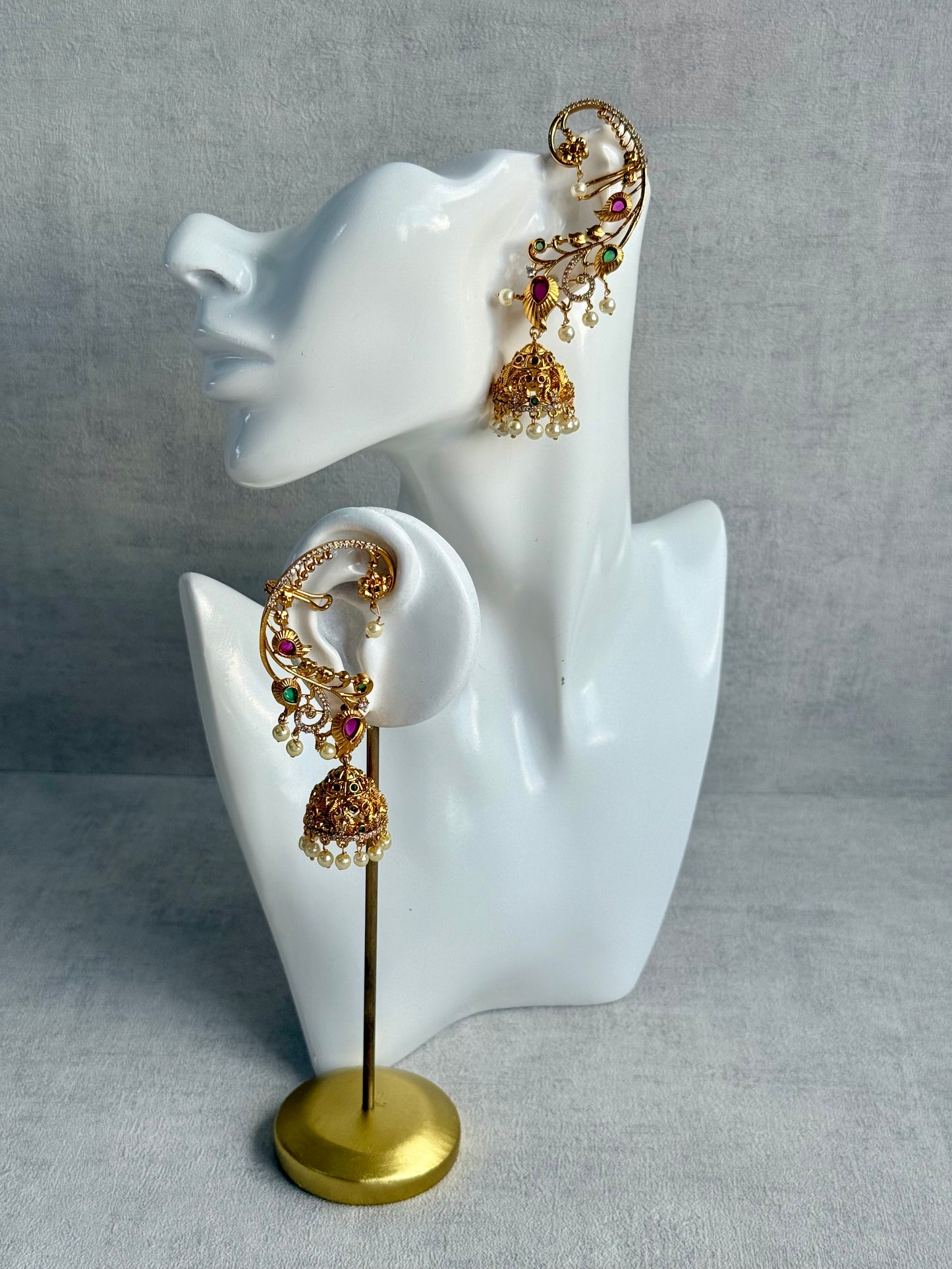 Ayura Designs Nalini Jhumkis – Gold Half Ear Cuffs with Multicolour Stone Accents, Crystal Detailing & Pearl Jhumka Drops