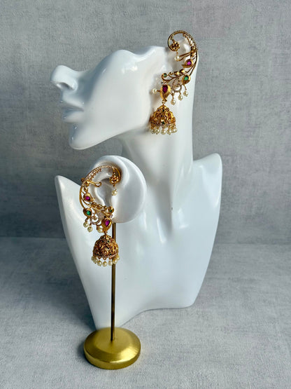 Ayura Designs Nalini Jhumkis – Gold Half Ear Cuffs with Multicolour Stone Accents, Crystal Detailing & Pearl Jhumka Drops