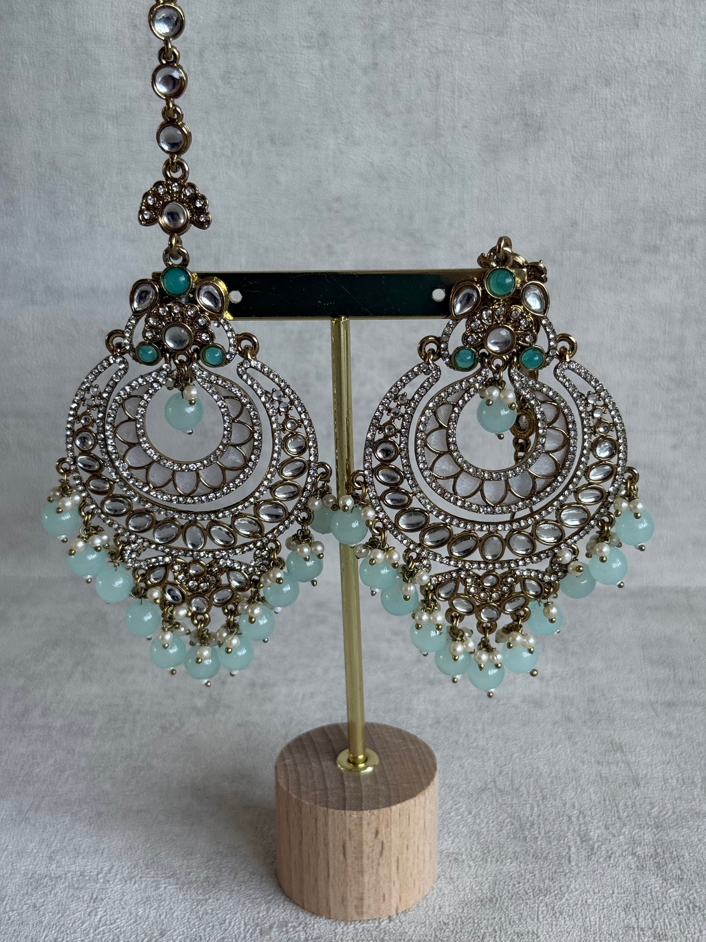 Ayura Designs Rabia Chandbalis – Antique Gold Kundan Earrings with Aqua Beads, Pearls & Attached Sahare