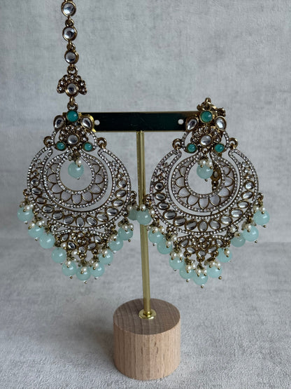Ayura Designs Rabia Chandbalis – Antique Gold Kundan Earrings with Aqua Beads, Pearls & Attached Sahare