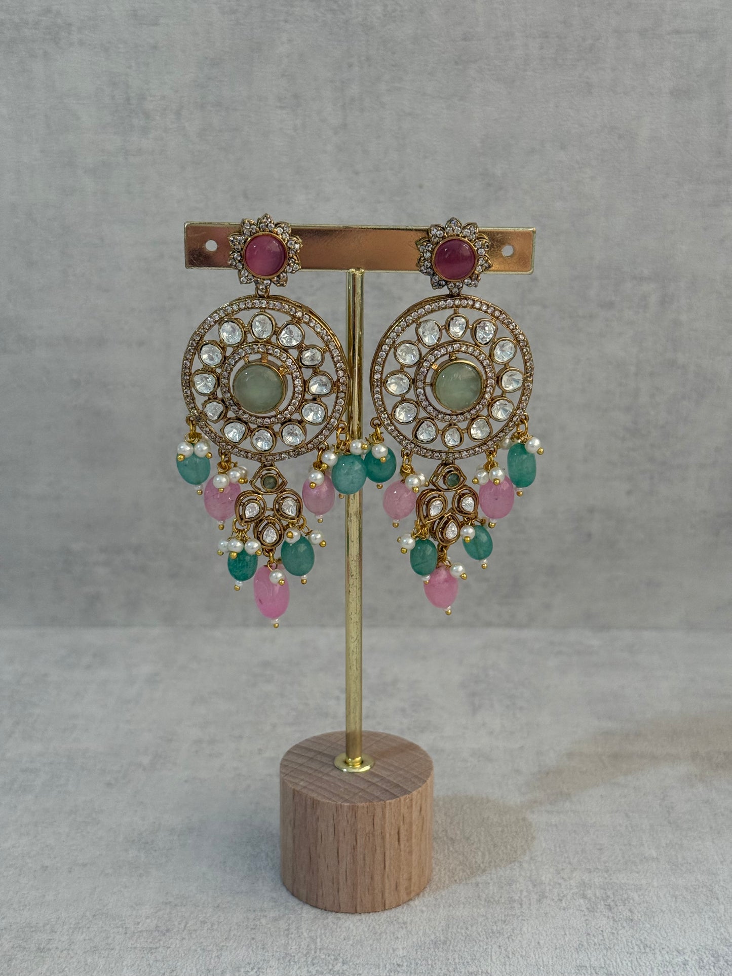 Ayura Designs Harper Set – Antique Gold Choker & Earrings with Mint Green & Blush Pink Beads, Kundan Stones & Pearl Detailing