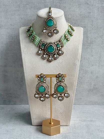 Ayura Designs Rahi Set – Mint & Pistachio Green Dual-Tone Stones with Mirror-Cut Detailing & Pearl Strands