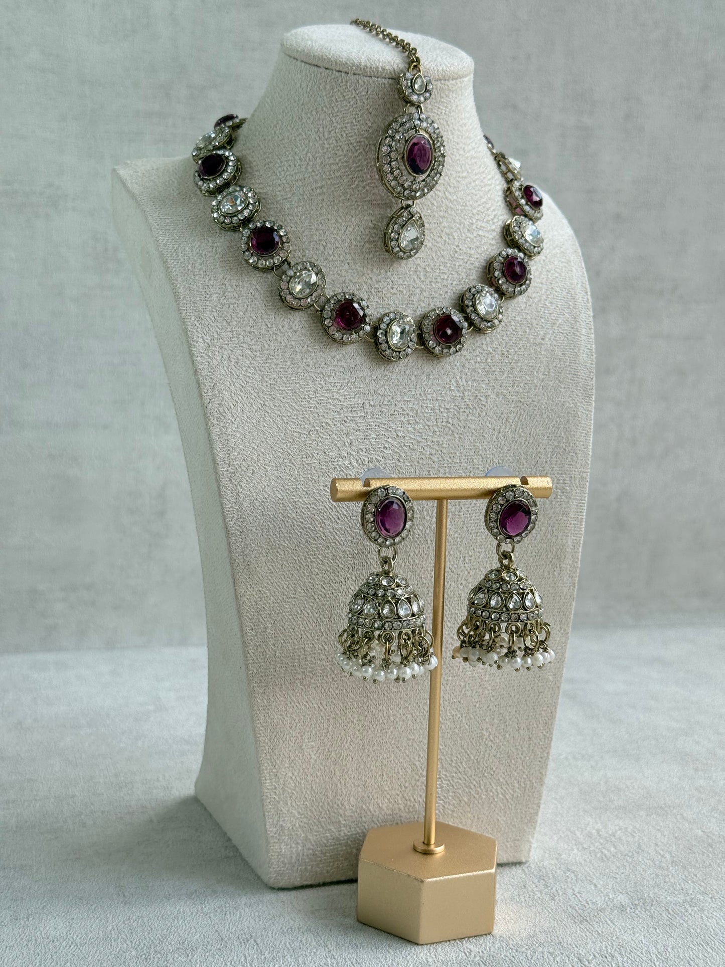 Ayura Designs Eira Necklace Set with Earrings & Tikka – Plum & Crystal Stones with Antique Gold Finish