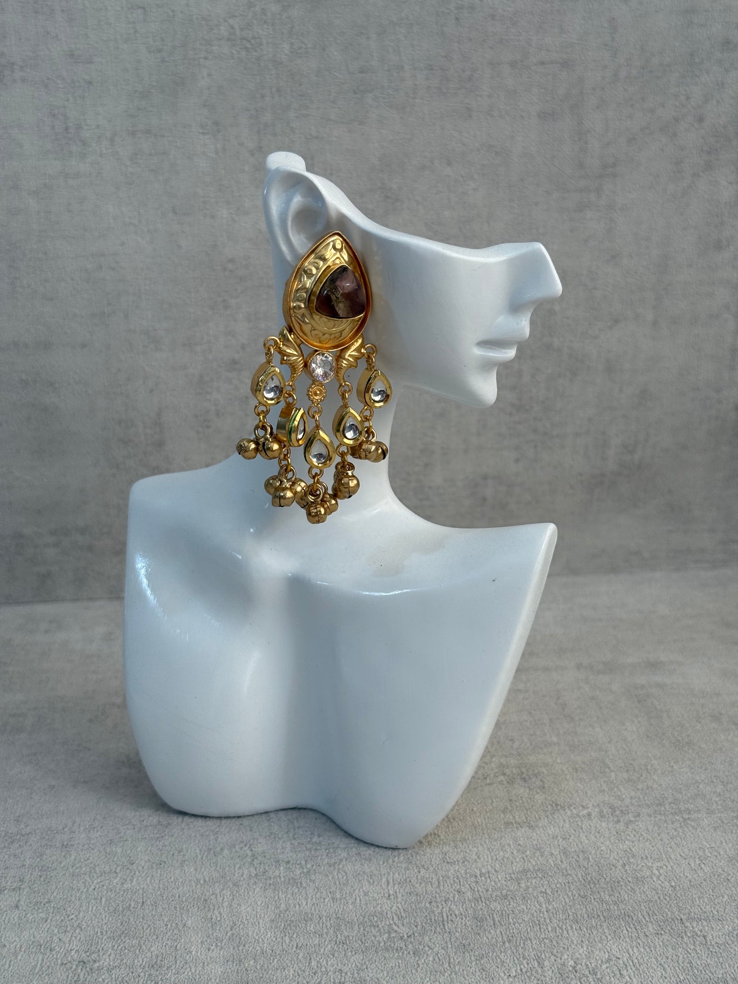 Ayura Designs Arheer Earrings – Brown Marble with Kundan Detailing & Antique Gold Ghungroos