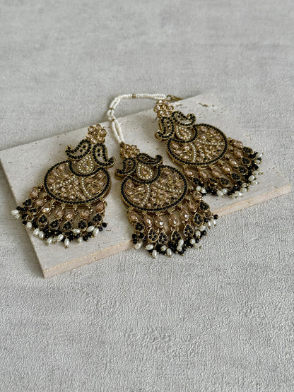 Ayura Designs Anvi Tikka Set with Earrings – Black with Champagne Stones & Pearl Drops