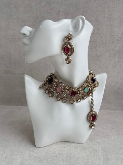 Ayura Designs Emanya Choker Set – Choker, Earrings & Tikka with Mirror-Cut Stones, Multicolour & Antique Gold Detailing