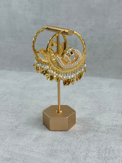 Ayura Designs Hansi Balis – Peacock Design with Pearl & Pippal Patti Detailing in Gold Finish