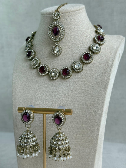 Ayura Designs Eira Necklace Set with Earrings & Tikka – Plum & Crystal Stones with Antique Gold Finish