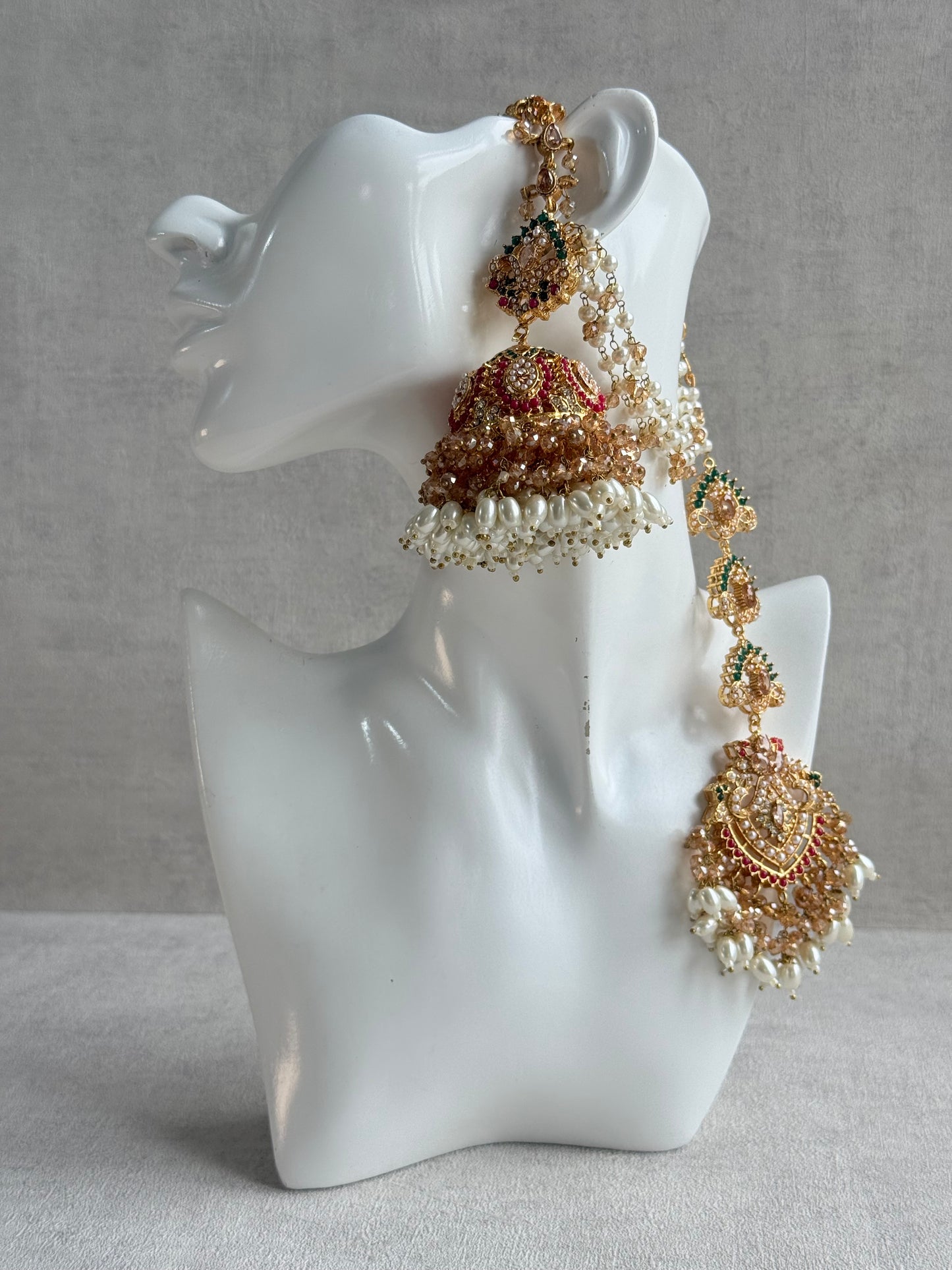 Ayura Designs Safia Tikka Set with Sahare Earrings – Champagne Crystals with Ruby & Emerald
