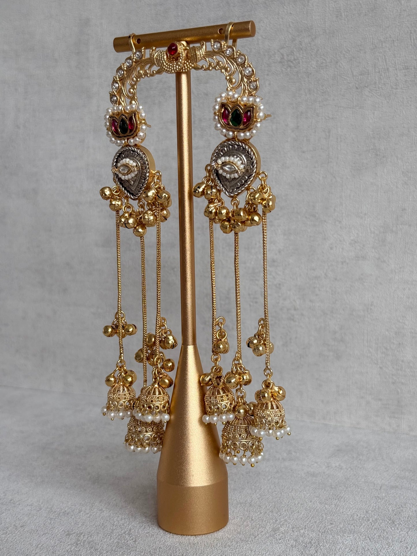 Ayura Designs Kaifiya Earrings – Peacock-Inspired Half Ear Cuff Jhumkis with Ruby Pink & Emerald Stones