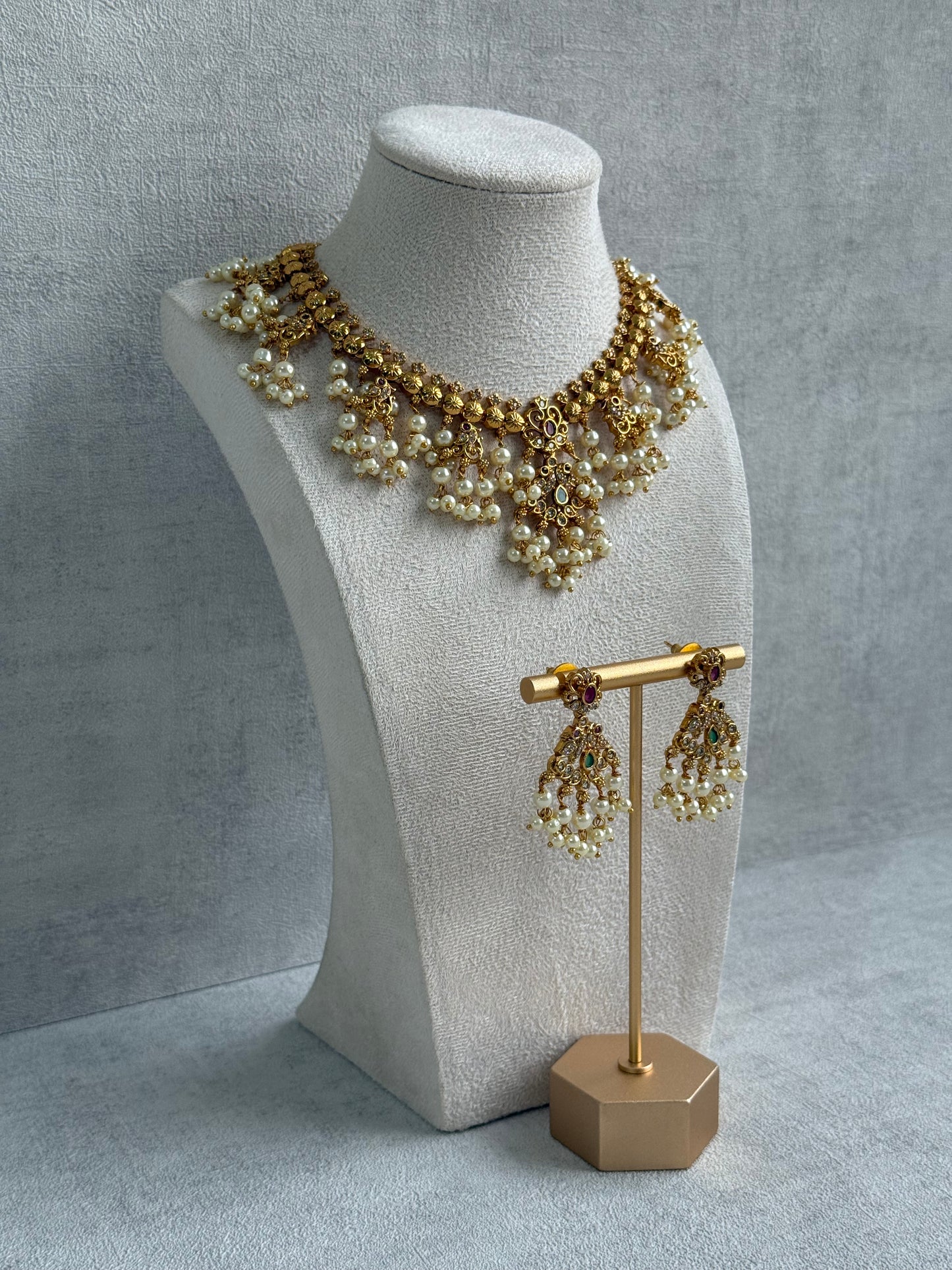Ayura Designs Tanvi Set – Antique Gold Necklace & Earrings with Kundan, Ruby, Emerald & Pearl Detailing