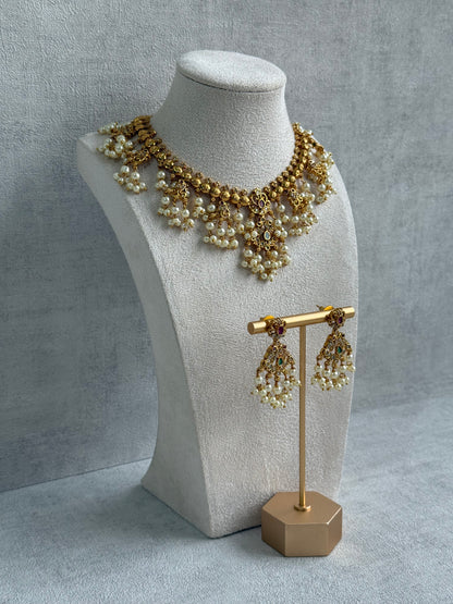Ayura Designs Tanvi Set – Antique Gold Necklace & Earrings with Kundan, Ruby, Emerald & Pearl Detailing