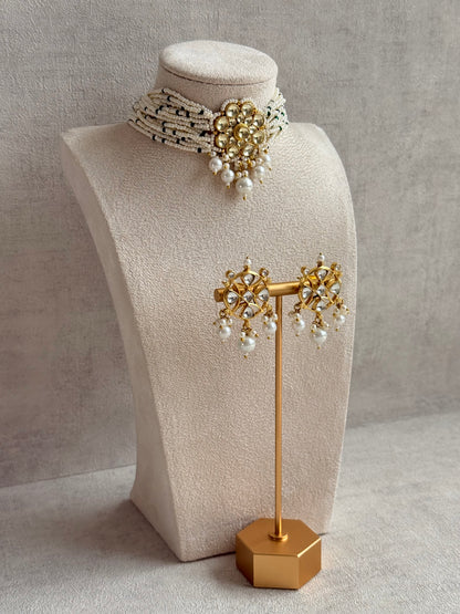 Ayura Designs Saaz Kundan Choker Set with Earrings & Pearl Multi Strand Detailing