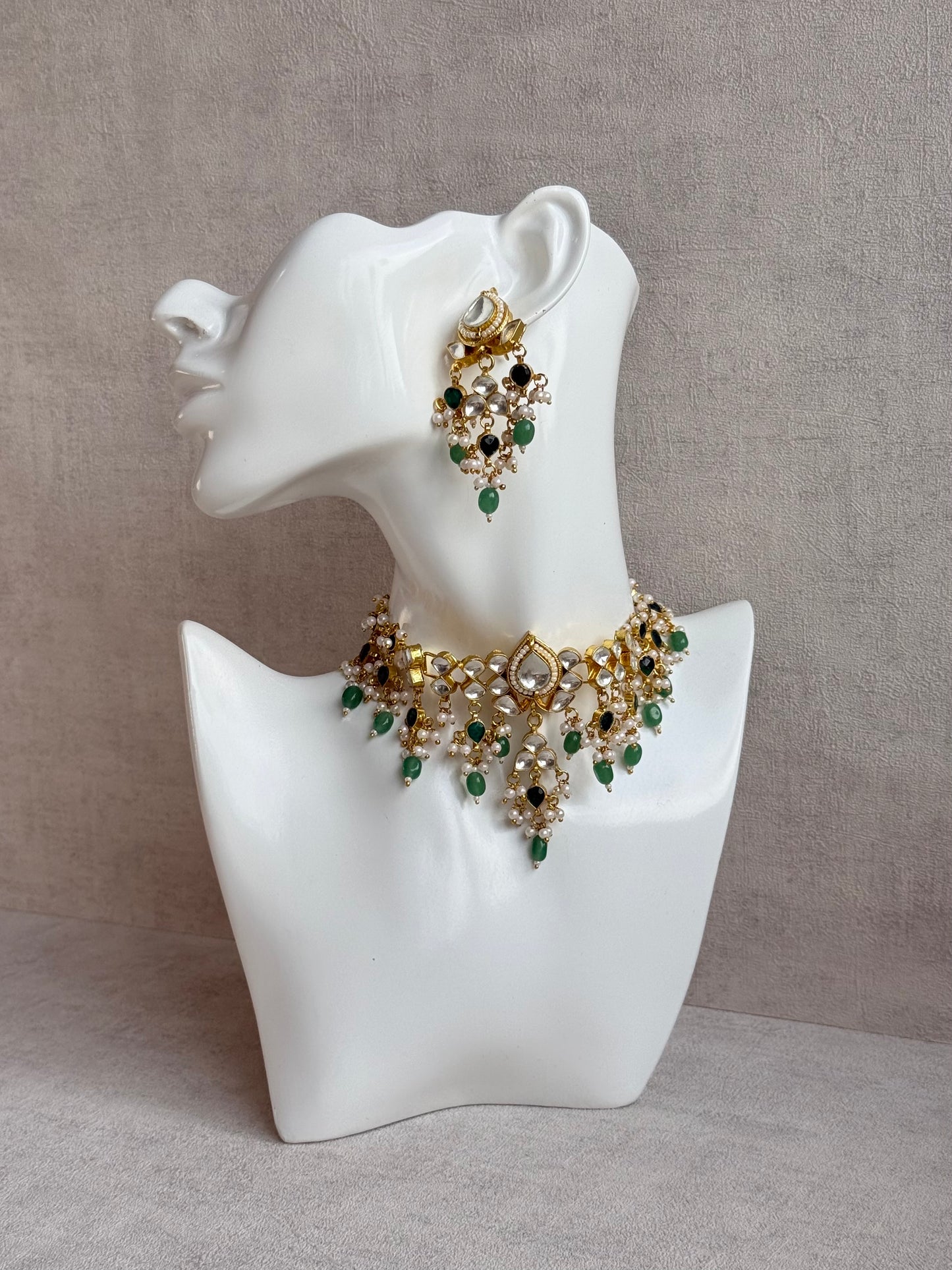 Ayura Designs Naksh Kundan Choker Set with Earrings & Emerald Green Bead Detailing