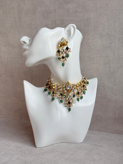 Ayura Designs Naksh Kundan Choker Set with Earrings & Emerald Green Bead Detailing