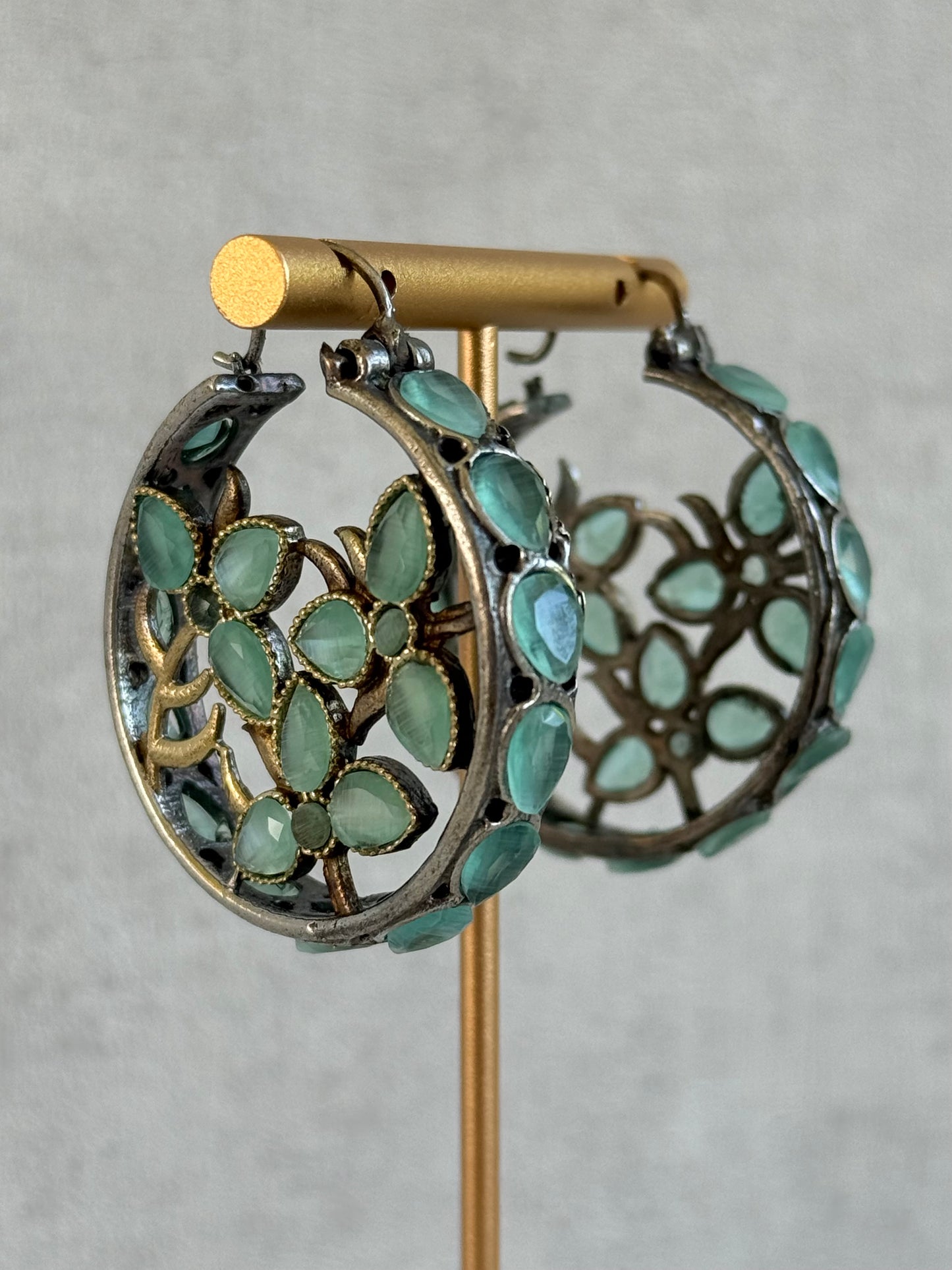 Ayura Designs Nureh Earrings – Dual Tone Floral Hoop Earrings with Mint Green Stones & Cutwork Detailing