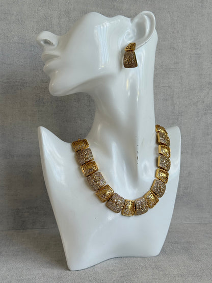 Ayura Designs Vibha Necklace & Stud Earrings Set – Gold Floral Statement Design with Crystal Detailing