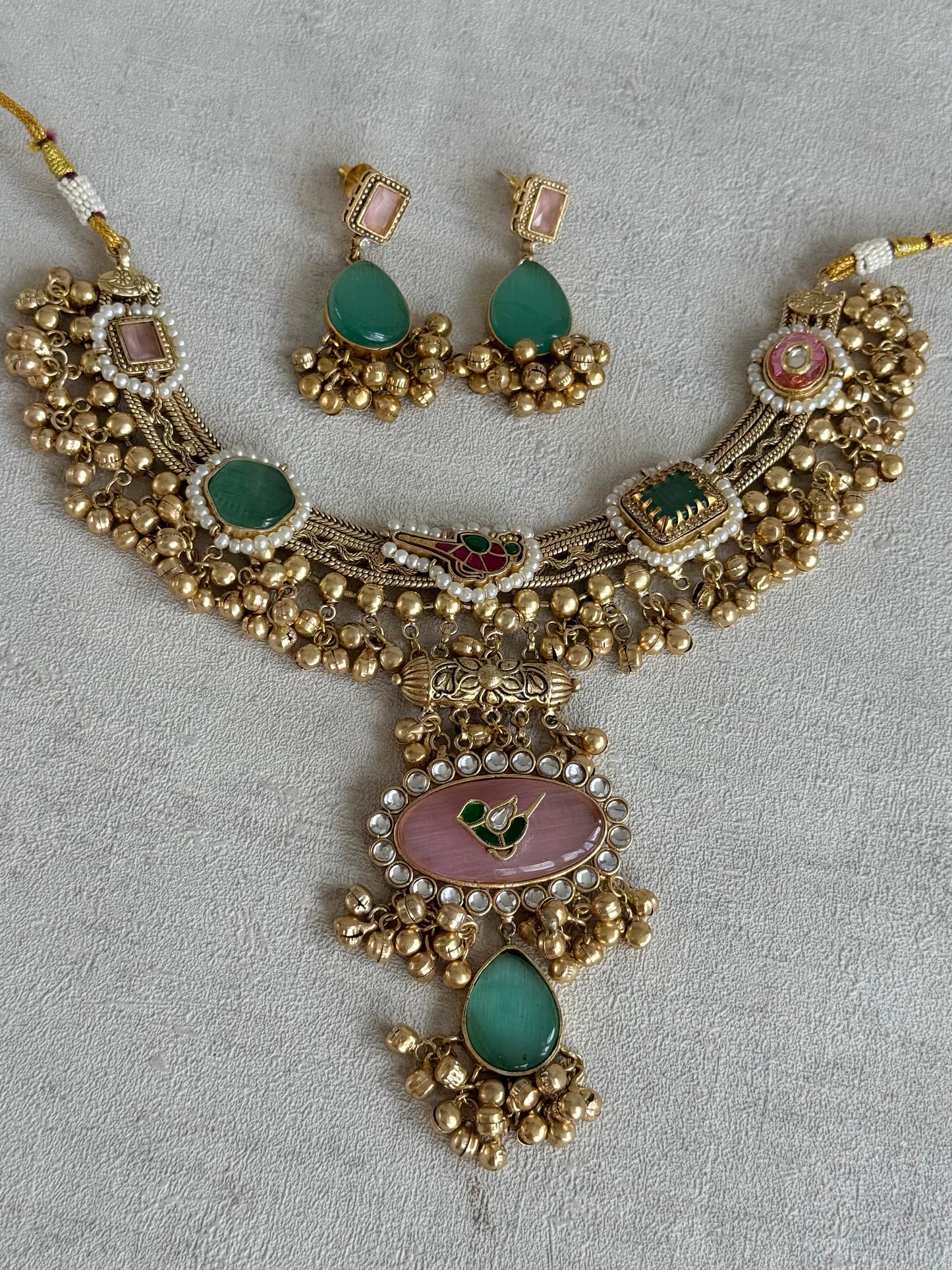 Ayura Designs Ahista Necklace Set with Earrings – Statement Pendant Necklace with Pink & Aqua Green Cat Eye Stones, Pearl Detailing & Ghungroo Accents