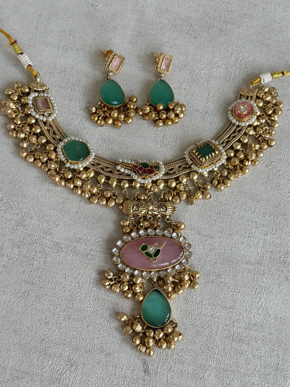 Ayura Designs Ahista Necklace Set with Earrings – Statement Pendant Necklace with Pink & Aqua Green Cat Eye Stones, Pearl Detailing & Ghungroo Accents