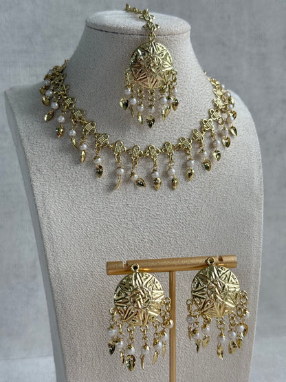 Ayura Designs Rupal Necklace Set with Earrings & Tikka – Gold Finish with Pearls & Pippal Patti Detailing