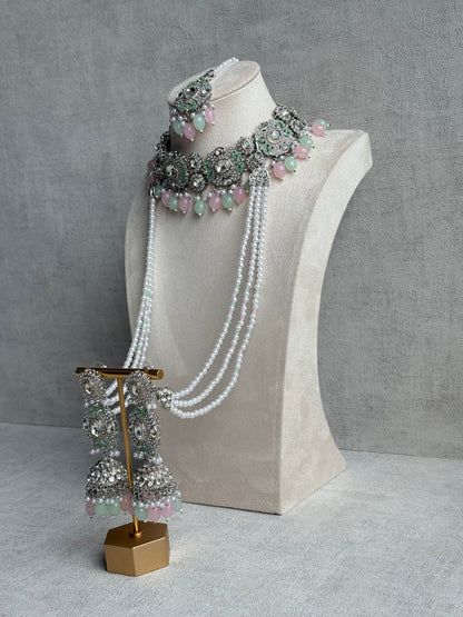 Ayura Designs Uzairah Set with Tikka & Sahare Jhumkis – Pastel Mint & Blush Beads with Pearl Strands & Mirror-Cut Detailing