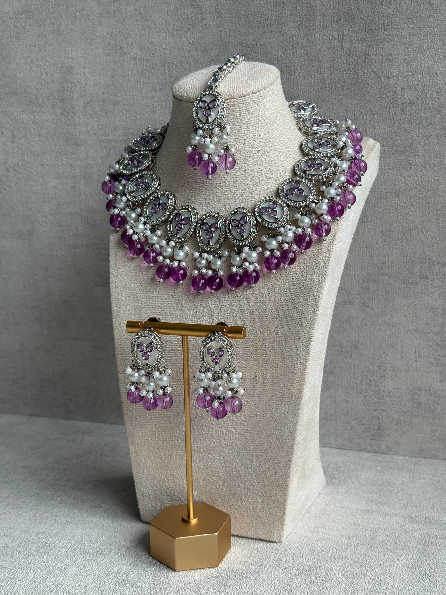 Ayura Designs Linza Set – Necklace, Earrings & Tikka in Lilac & Pearl with Silver Finish