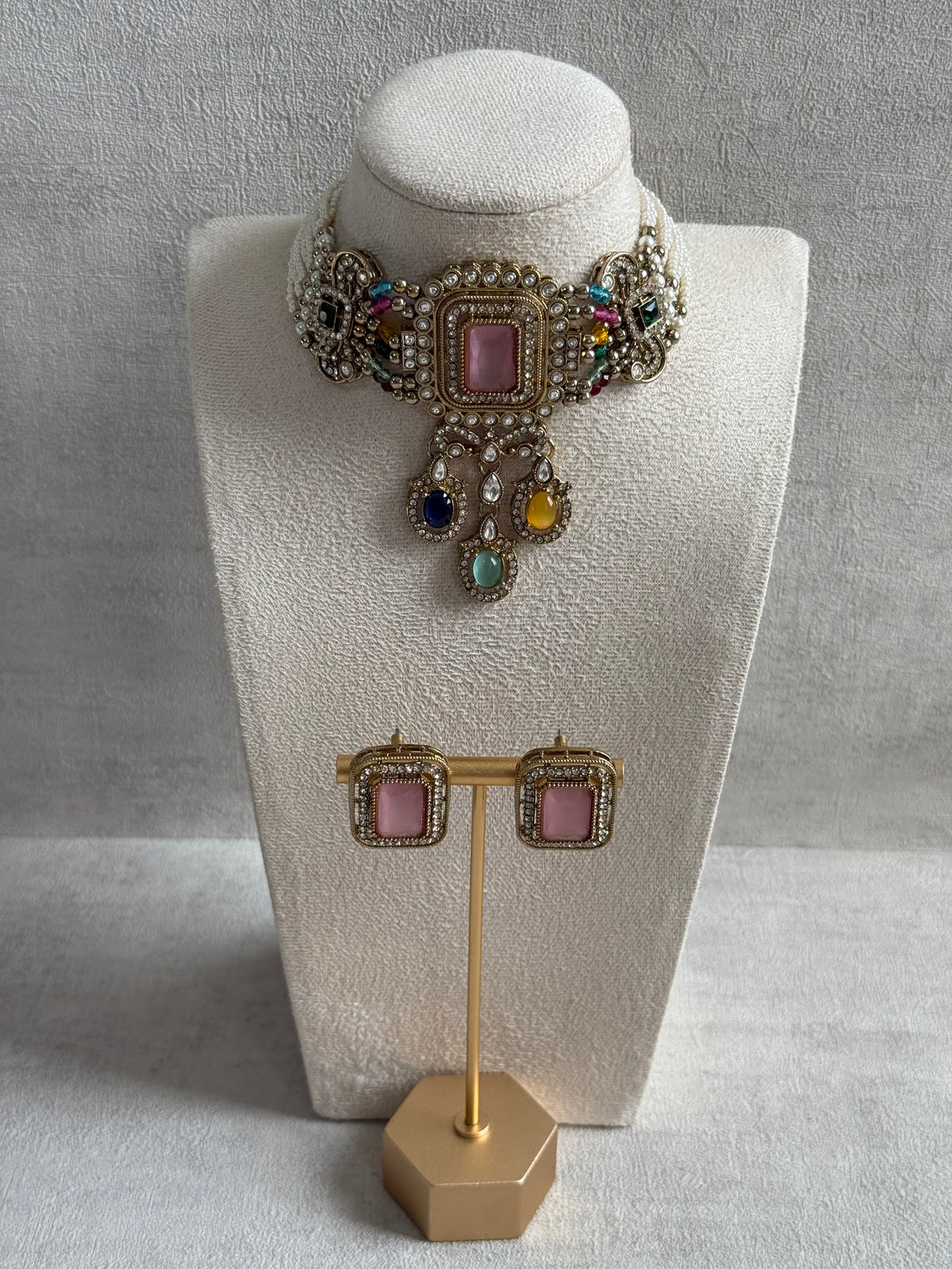 Ayura Designs Nabiha Choker Set with Studs – Blush Pink & Multicolour Stones, Pearl Detailing & Antique Gold Finish