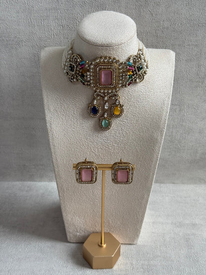 Ayura Designs Nabiha Choker Set with Studs – Blush Pink & Multicolour Stones, Pearl Detailing & Antique Gold Finish
