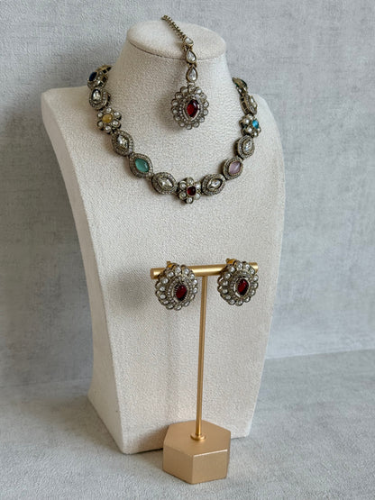 Ayura Designs Ivy Necklace Set with Studs & Tikka – Multicolour Kundan Detailing