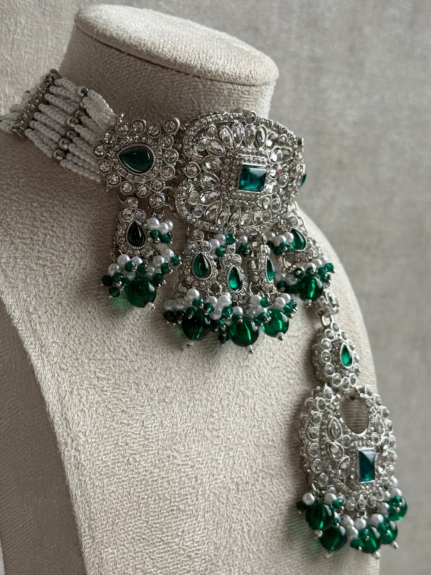 Ayura Designs Nandhini Set – Choker, Earrings & Tikka with Emerald Green Stones, Pearls & Silver Finish