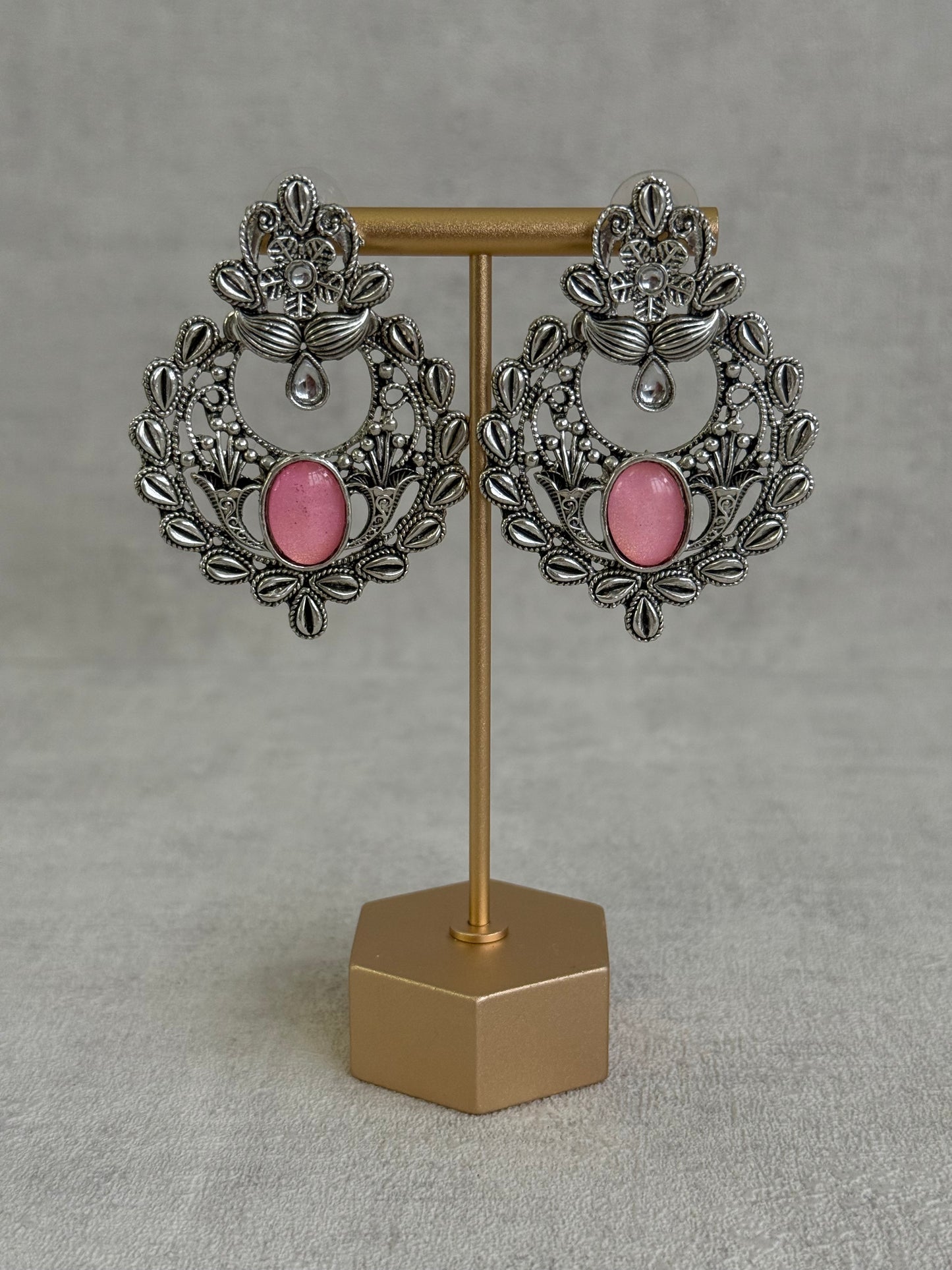 Ayura Designs Eila Earrings with Rose Pink Stone in Antique Silver Finish