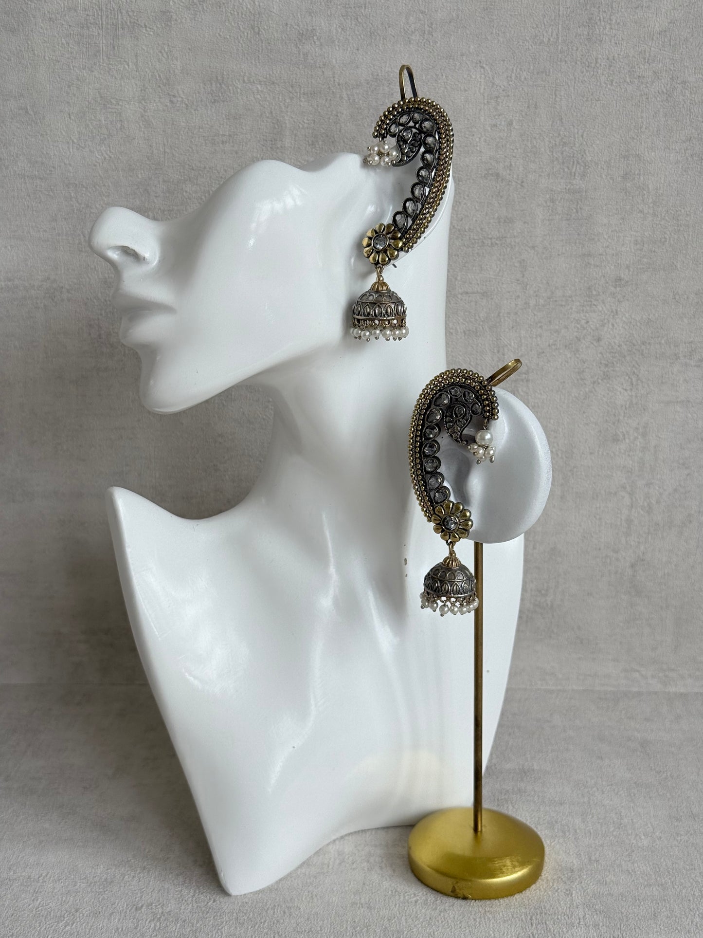 Ayura Designs Koyal Jhumkis – Oxidised Dual Tone Ear Climber Jhumkis with Kundan Stones & Pearl Detailing