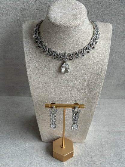 Ayura Designs Anastasia Set – Silver Necklace & Earrings with Teardrop Crystals & Leaf Motif Design