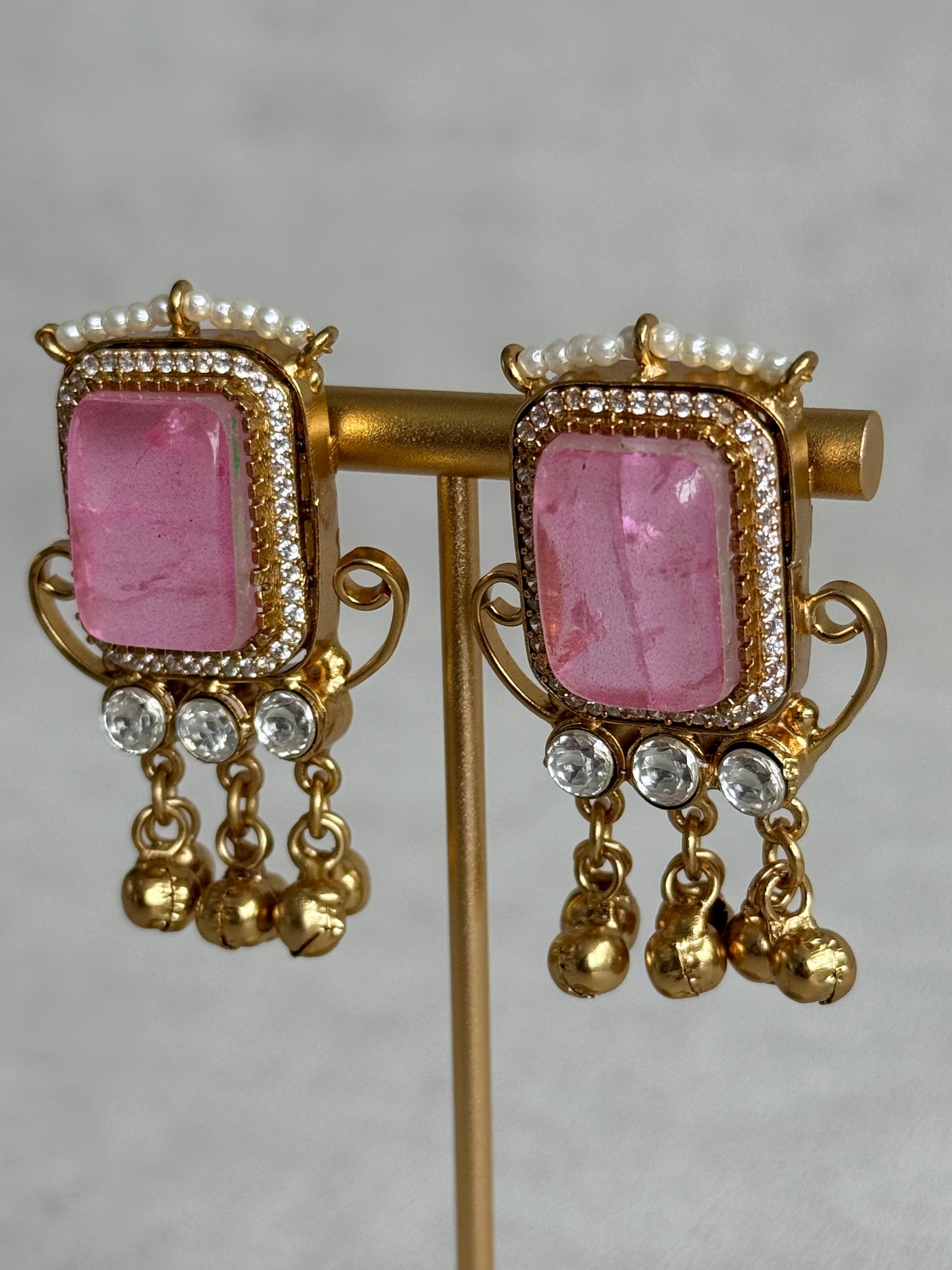 Ayura Designs Aleena Earrings – Blush Pink Stone Stud Earrings with Pearls & Ghungroo Detailing