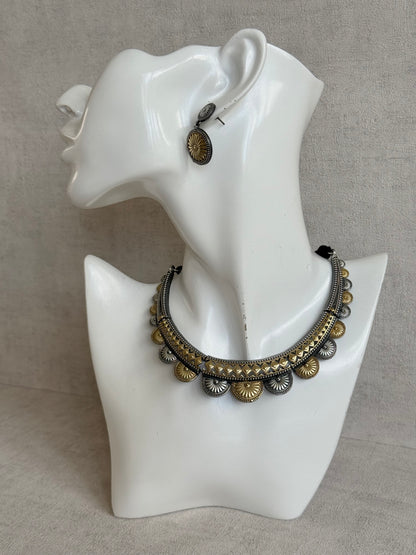 Ayura Designs Surmai Necklace Set with Earrings – Dual Tone Oxidised Necklace with Disc Motifs & Geometric Detailing